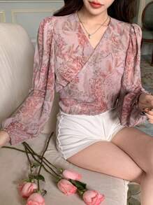 DAZY Floral Print Long Sleeve Tied Front Puff Sleeve Cropped Women Blouse, Spring/Summer,Fall Clothes Graphic Tee Vacation Outfits Women - Red - View 3