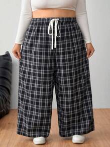 SHEIN CURVE+ Pantaloni informali allentati con coulisse a quadri, di taglia comoda, adatti per l'autunno e l'inverno, per donne in taglie forti
