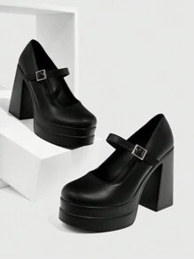 CUCCOO SZL 时尚黑色玛丽珍厚底高跟鞋，适合通勤、约会、聚会和节日