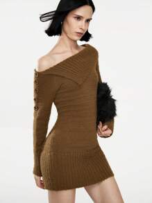 SHEIN Unity 女士休闲纯色不对称领修身迷你毛衣裙，秋冬 - 摩卡棕 - 查看 6