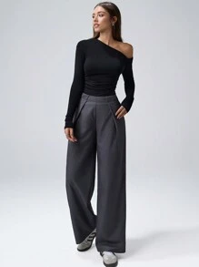 SHEIN Unity Women Solid Color Minimalist Pleated Casual Trousers - Grey - View 4