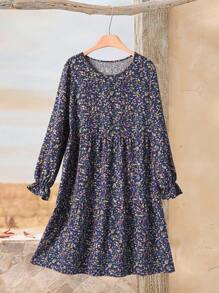 Rusticease Women All-Over Print Ruffle Trim Crew Neck Long Sleevewinter Dress - Multicolor - View 1