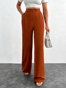 SHEIN Tall Tall Women's Stylish Solid Color High Waist Straight Pant With Button And Zipper Details - Burnt Orange - View 4