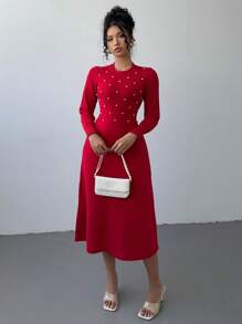 Calvaya Vestido de suéter tejido con tachuelas rojas, moda minimalista casual para uso diario