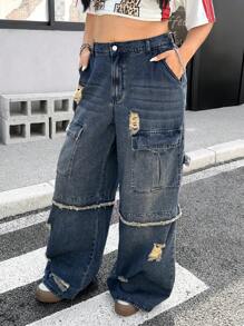 SHEIN ICON Pantaloni cargo Y2K Streetwear de mărime mare, buzunare multiple, blugi din denim spălați, cu tăiere largi, învechiți