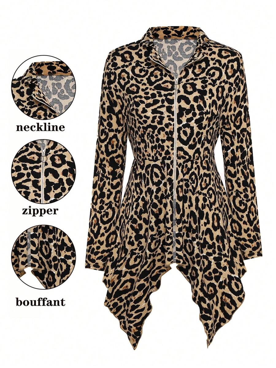 SHEIN LUNE Plus Size Front Zipper Long Sleeve Leopard Print Simple Casual Jacket - Coffee Brown - View 1