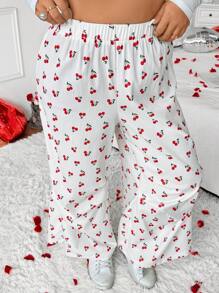 Calvaya Plus Size Women Cherry Print Loose Wide Leg Pants,Valentine Fall Cloth For Women - Red and White - View 3