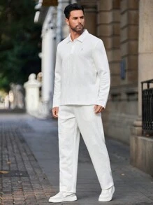 Manfinity Homme Men's Casual Solid Color Textured Long Sleeve Polo Shirt & Pants Set, Autumn