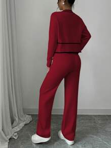 Elenzga 女士条纹长袖单排扣开衫毛衣和针织长裤两件套，休闲，秋冬 - 酒紅色 - 查看 2