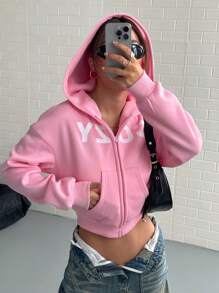 StreetHx Women Street Style Cinched Waist Short Hoodie, "COZY" Print - Pink - View 1