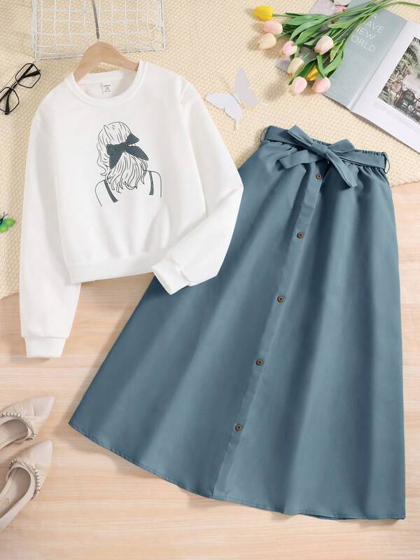 Teen Girl Spring/Autumn Casual Round Neck Sweatshirt With Character Print And Solid Button Front Skirt Two-Piece Set