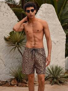 Manfinity VDAYZ Shorts de playa con estampado de leopardo y cordón a la cintura, con estilo hawaiano, para hombre