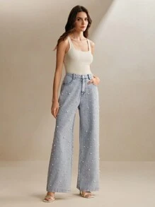 Anewsta Modieuze en elegante commuter parel versierde denim rechte broek, damesoutfit voor nieuwjaar en Kerstmis