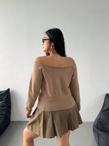 SHEIN Unity 大码简约时尚新款露肩长袖针织套头衫秋冬款 - 駝色 - 查看 2