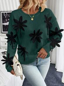 SHEIN Unity Elegante suéter decorativo de punto con flores 3D, otoño/invierno - Verde Oscuro - Ver 4