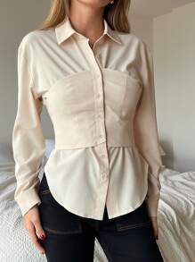 SHEIN Essnce Women's Solid Color Tight Double Layer Long Sleeve Shirt, Bustier Top - Apricot - View 5