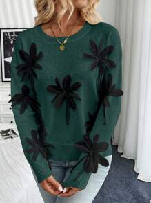 SHEIN Unity Elegante suéter decorativo de punto con flores 3D, otoño/invierno - Verde Oscuro - Ver 6