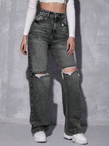 SHEIN EZwear Jeans de mezclilla casuales con bolsillo delantero con botones y efecto desgastado para mujeres