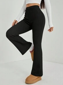 SHEIN PETITE Women's Solid Color Flared Black Velvet Trousers ,Petite Women - Black - View 3