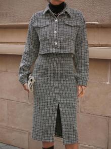 SHEIN Cottnline 2pcs Set: Fashionable Tweed Jacket And Midi Skirt With Pockets - Black - View 4