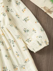 SHEIN Newborn Baby Girl Layered Ruffle Collared Digital Floral Print Cinched Waist Bow Jumpsuit, Soft Cotton, Casual & Cute Outfit, Must-Have For Outings - Apricot - View 6