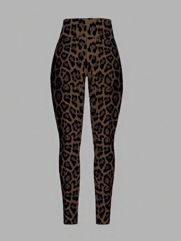 SHEIN SXY Leopard Print High Waist Skinny Leggings For Women, Ankle Length, Suitable For Spring & Autumn