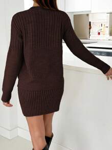 EURMUSE Casual Rib Knit Sweater & Mini Rib Knit Sweater Kjol Co-Ords - Chokladbrun - Visa 2