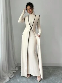 Elenzga فستان محبوك ذو رقبة عالية بتطريز متباين قطعتان للمرأة