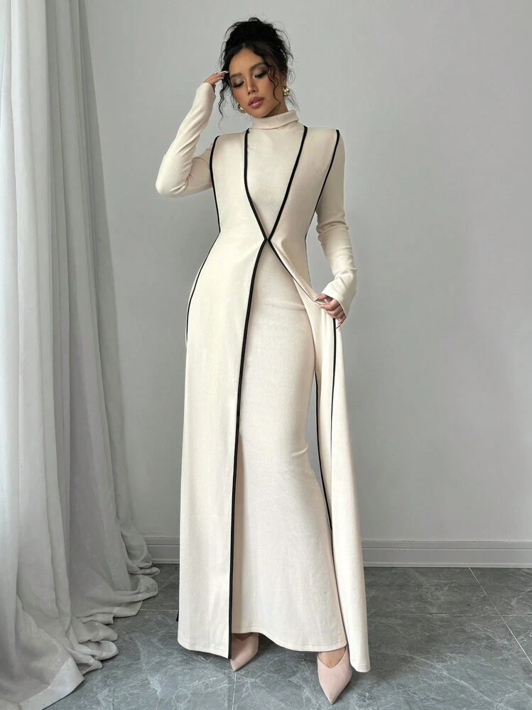 Elenzga 2pcs Set Women Knitted Ribbed High Neck Dress With