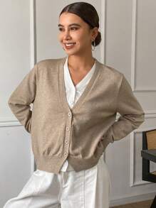 DAZY Cárdigan de mujer de manga larga con cuello en V, de unicolor y holgado, 2 en 1, ropa de mujer para otoño