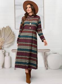 EMERY ROSE Plus Size Mock Neck Long Sleeve Striped Casual Dress,Winter Clothes For Women