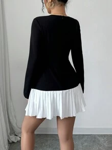 SHEIN Unity 黑色 & 白色拼布对比色领长袖短款修身褶饰溜冰裙 - 黑色 - 查看 2