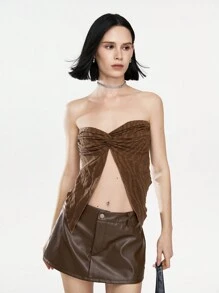 SHEIN Unity Váy ôm sát eo thấp gợi cảm cho nữ Mini ngắn bằng da PU - Màu nâu Sô-cô-la - Xem 4