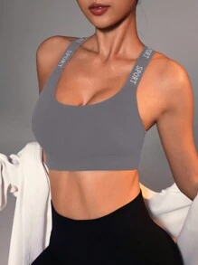 Gameset SHEIN Sport Women's Letter Print Cross Strap Design Sports Bra - Grey - View 4