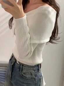 DAZY Women's Solid Color Large Lapel Off-Shoulder Long Sleeve Slim Fit White Sweater,Fall Clothes Cute Tops - Apricot - View 2