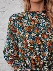 EMERY ROSE 女士度假风满版花卉印花圆领荷叶边长袖休闲衬衫