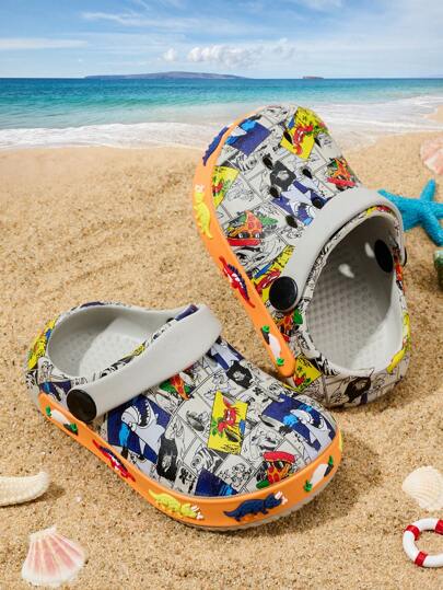 1 Pair Boys' Lightweight Soft-Sole Cute Cartoon Undersea World Graffiti Print Casual Versatile Toe-Protecting Beach Sandals, Spring/Summer