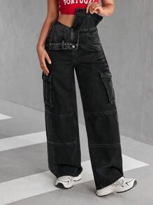 SHEIN EZwear Jeans casuales de cintura alta con bolsillos plegables y pierna ancha para mujeres