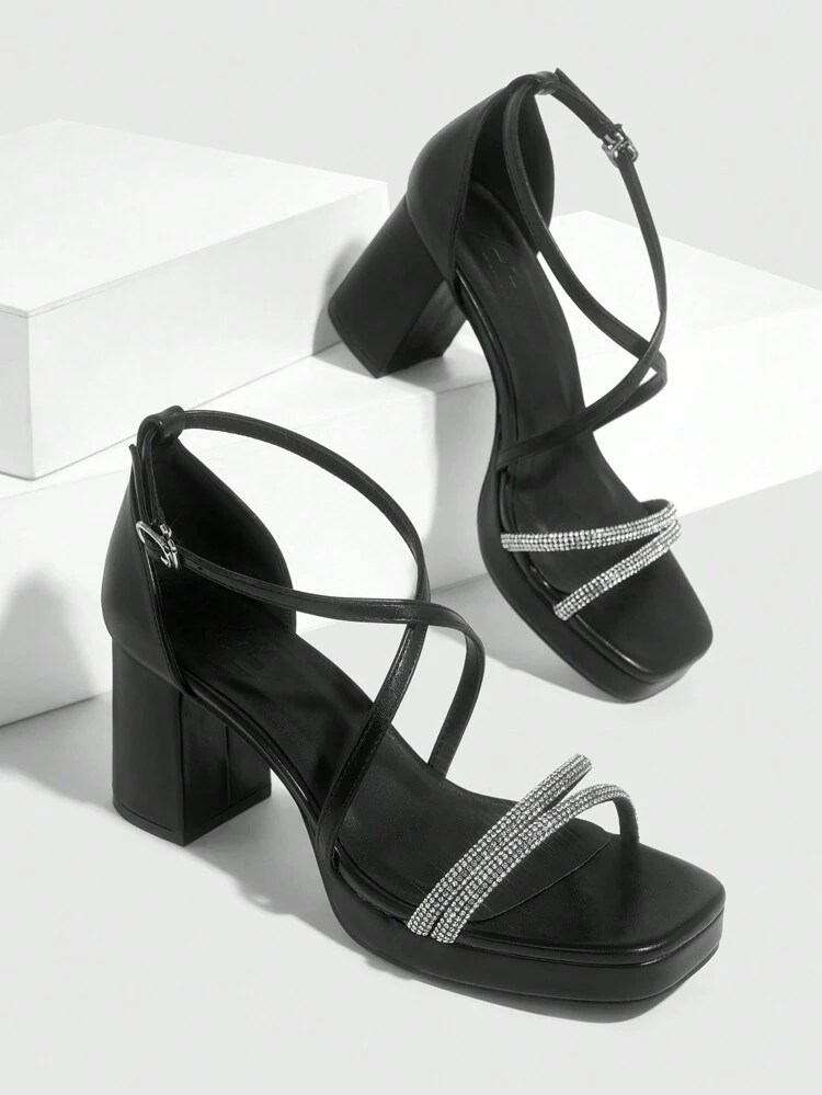CUCCOO SZL Silver Metal PU Rhinestone Strap Women's Chunky Heel Platform Sandals