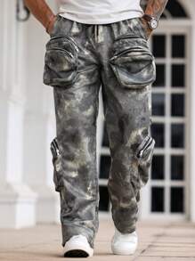 Manfinity LEGND Pantalones de camuflaje con múltiples bolsillos y cremallera 3D para hombres, ropa de calle, estilo de INS, apropiado para Año Nuevo, raperos, regalo para novio - Gris Oscuro - Ver 4