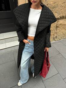 Aloruh Casaco feminino longo e acolchoado, com cor sólida, manga longa, colarinho e comprimento casual - Preto - Visão 3