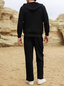 Manfinity Homme Men's Solid Color Splice Front Zipper Long Sleeve Casual Top & Pants Set - Black - View 2