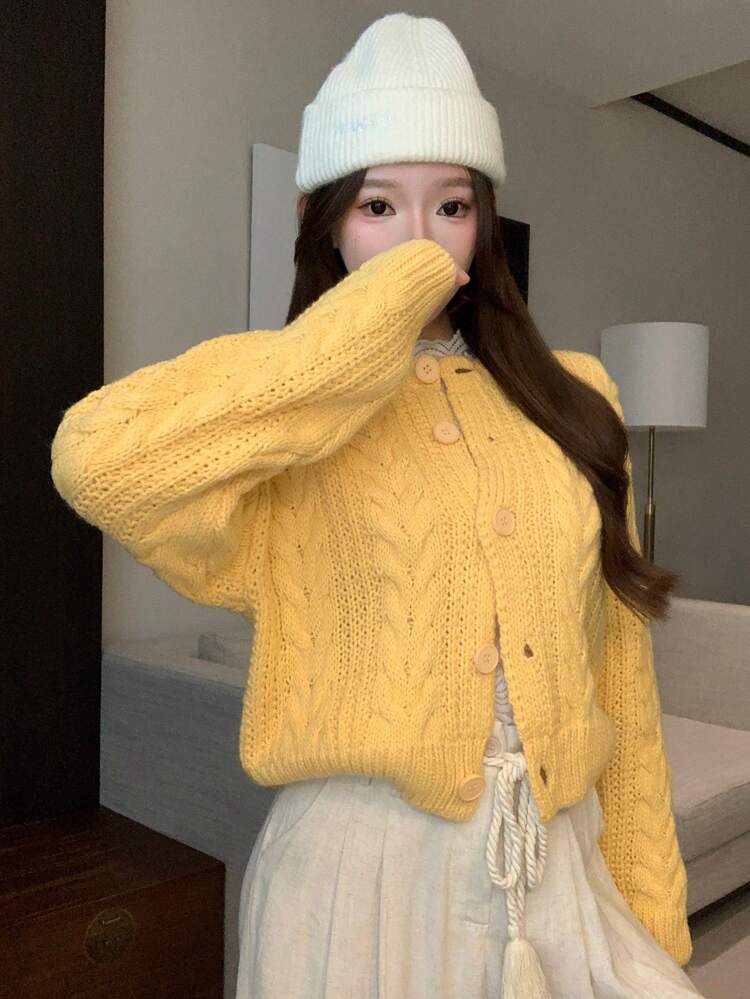 Women Solid Color Marl Textured Short Knitted Cardigan