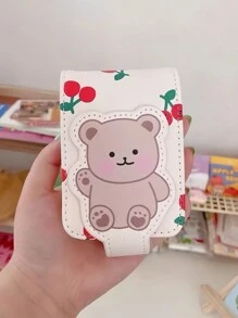 Bear Print Cosmetic Pouch Mirror Included Travel Organizer Lipstick Storage Case Velvet Lining Compact Carry On The Go Essential Zipper Closure Gift Idea