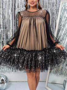 SHEIN Clasi Plus Size Round Neck Mesh Contrast Long Sleeve Simple Casual Short Dress - Silver - View 4