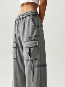 Bohemela Vacation Casual Solid Color Knitted Pleated Pocket Palazzo Pants For Women