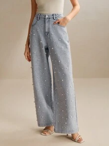 Anewsta Modieuze en elegante commuter parel versierde denim rechte broek, damesoutfit voor nieuwjaar en Kerstmis