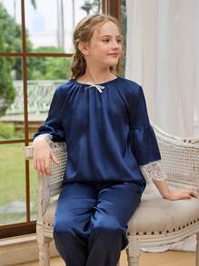 SHEIN Tween Girls Silky Satin Royal Blue Splice Floral Cuff Modest Palazzo Pajamas Set, Casual Sleepwear