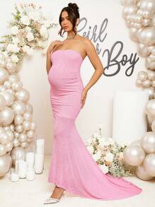 Loomaby Pregnant Women Plain Pleated Elegant Strapless Dress, For Baby Shower Party