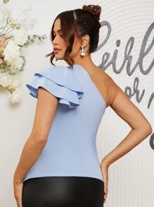 Loomaby Pregnant Women Elegant Party Solid Color Ruched Slim Fit One Shoulder T-Shirt, For Baby Shower Party - Blue - View 2